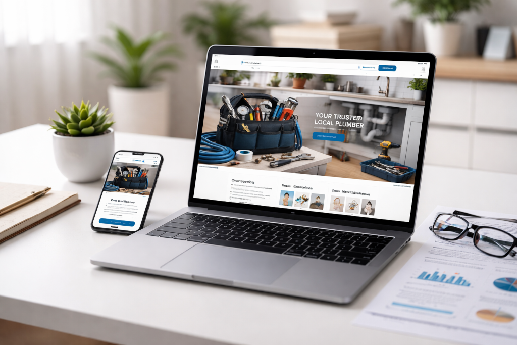 Social Media Responsive website design displayed on laptop and mobile showing a professional business layout.
